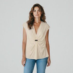 Velvet Cream Rayon Jersey Gathered Jeweled Cap Sleeve Top Size Large AS IS